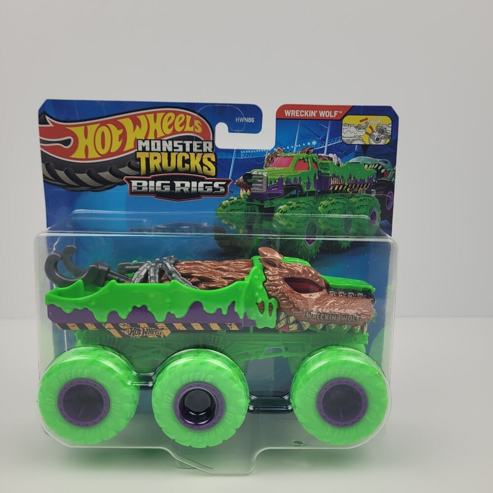 2026 Hot Wheels Monster Trucks Big Rigs Wreckin Wolf Green Purple 1:64 Diecast